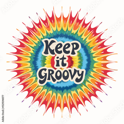 Tableau sur toile Vivid tie-dye sunburst design featuring a Keep it Groovy text inside wavy lines