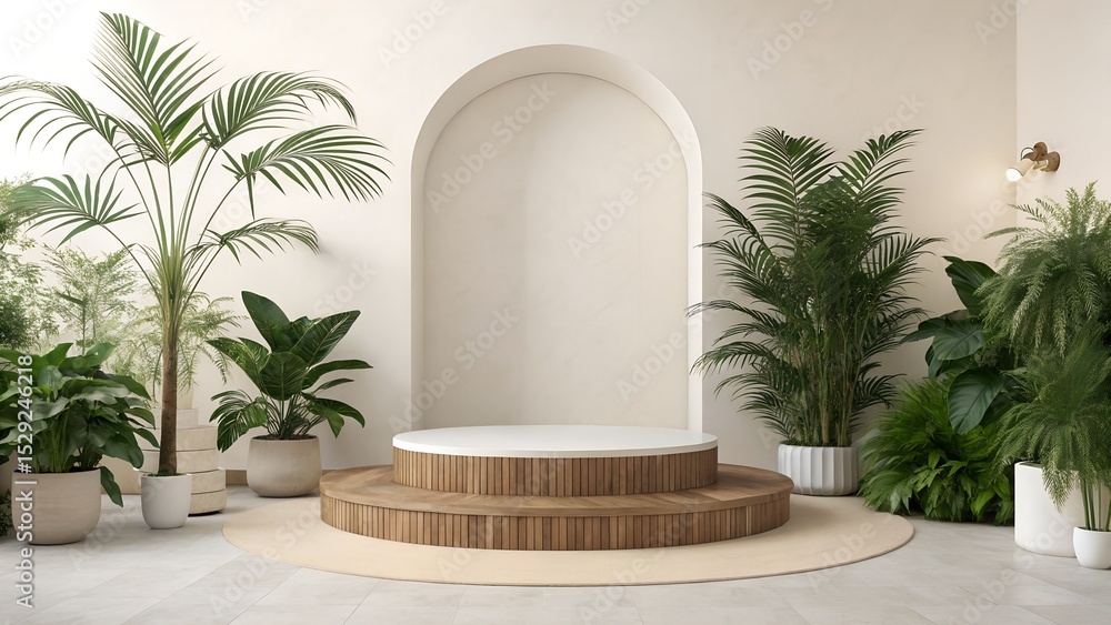 Naklejka premium Modern Product Podium in Neutral Space with Arch Niche and Tropical Plants