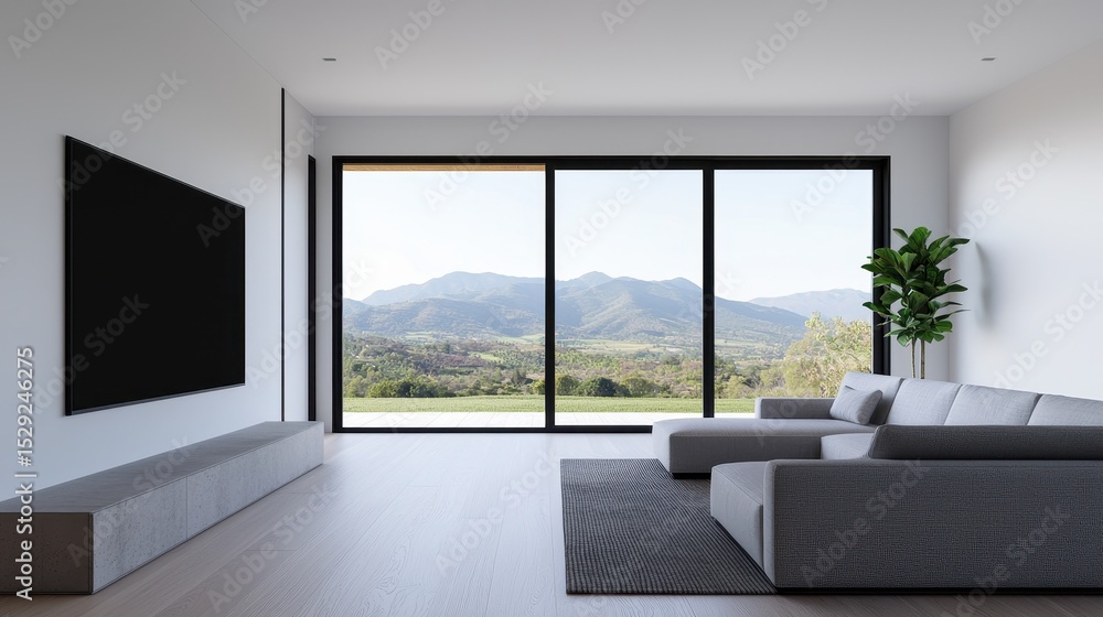 Obraz premium Modern minimalist living room with mountain view and large windows in contemporary interior design