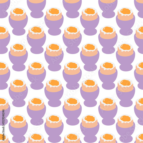 Soft Egg with runny yolk Partially peeled in Egg Bowl Seamless Pattern Healthy Breakfast Background