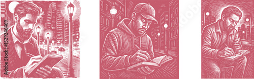 Set red Pink Engraving Style Urban Poet Writing at Night – Male Character Under City Lights, Woodcut-Inspired Illustration for Artistic, Literary, and Urban Culture Themes