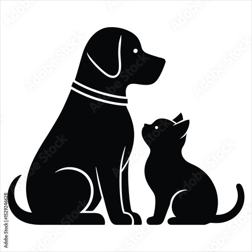 Black Silhouette of a Labrador Retriever Dog and a Kitten Sitting Together on a White Background Simple Pet Graphic Design Illustration