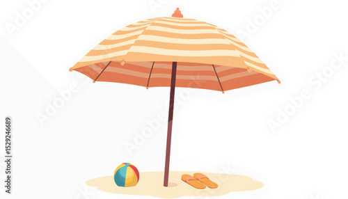 Charming beach umbrella with summer toys on white background, relaxation
