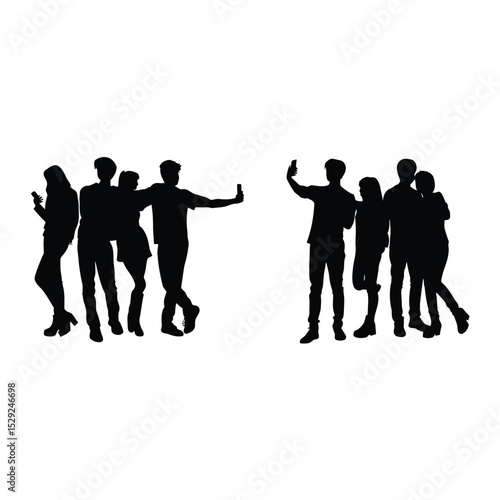 Black Silhouettes of Young Adults Taking Selfies and Using Smartphones in a Group Setting Two Separate Groups of Friends Posing for Photos Using Mobile Phones