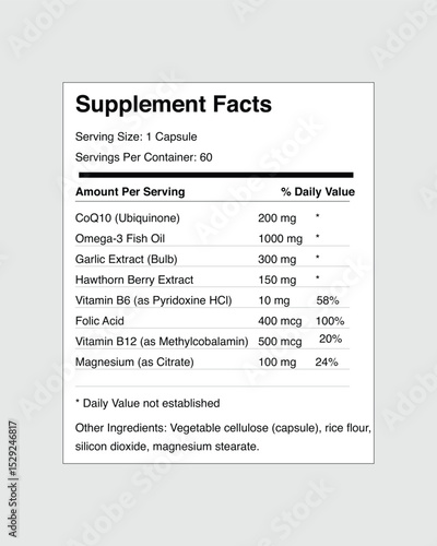 Heart Health Supplement Nutrition Facts Label Design with Animal Illustration