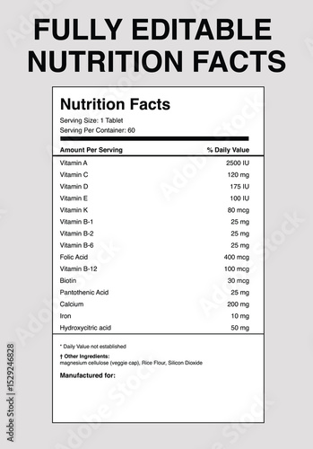 Nutrition Facts Label Template Design with CMYK Colors and Courier Font for Food Packaging