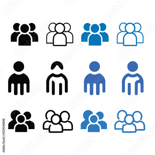 Twelve Simple Group People Icons Black White and Blue Color Variations Three Person Groups Single Person Figures User Interface Design Elements