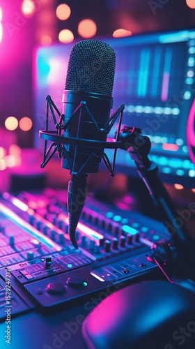 Close-up view of a microphone and audio equipment in a brightly lit recording studio