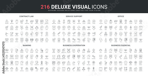 Banking mobile apps and support service, contract and law, office communication line icon set. Business cooperation, team communication to search for idea thin black outline symbol vector illustration