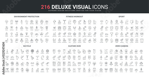 Environmental protection, bike, zero net carbon dioxide and CO2 emissions reduction line icon set. Clothes size, fitness workout and sport in gym thin black outline symbols vector illustration