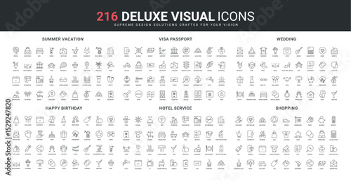 Birthday party, anniversary and wedding ceremony celebration, shopping, summer vacation line icon set. Visa and passport control and approval stamp thin black outline symbols vector illustration