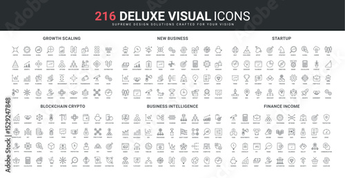 New business development, finance and income, blockchain and crypto startup line icon set. ESG, presentation arrows for growth and scaling process thin black outline symbols vector illustration