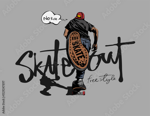 skate out slogan with man running on skateboard vector illustration