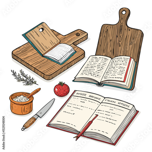 A vintage classroom scene featuring a unique lesson plan cooking!  Show cutting boards, recipe books, and old-fashioned school desks.