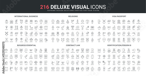 Business achievement, legal agreement, international corporate company, passport ID line icon set. Document presentation and processing, religion thin black outline symbols vector illustration