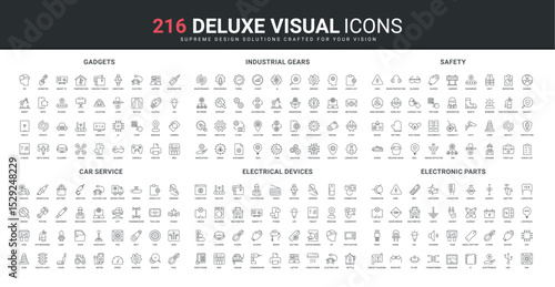 Car maintenance and repair service, diagnostics of automotive parts and electronics line icon set. Safety of work and industrial gears, smart gadgets thin black outline symbols vector illustration