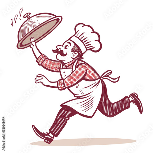A whimsical retro chef in a striped apron frantically chases a runaway pot lid in a vintage kitchen.  Is this a comical culinary catastrophe?