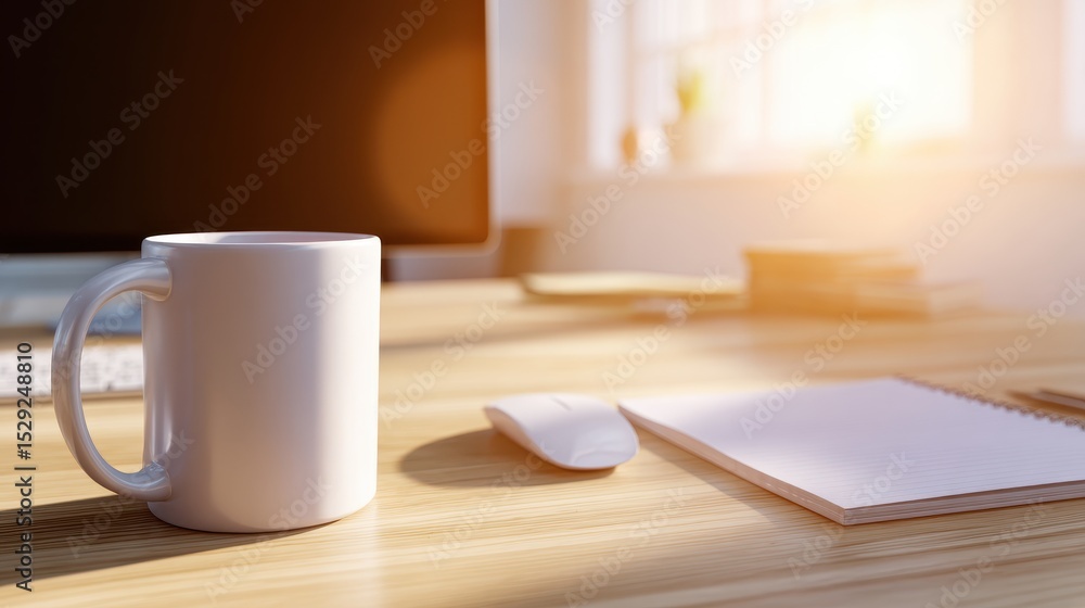 Obraz premium A serene workspace featuring a white mug, mouse, and notepad, illuminated by sunlight