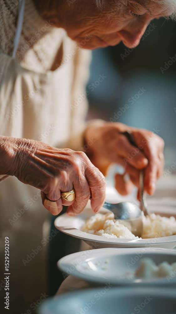 An elderly woman stands focused in a warmly lit kitchen, slowly mixing ingredients in a plate. Her white apron is lightly dusted with flour, and her expression reflects calm concentration. An elderly woman stands focused in a warmly lit kitchen, slowly mixing ingredients in a plate. Her white apron is lightly dusted with flour, and her expression reflects calm concentration.