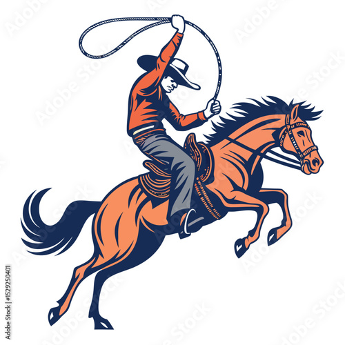A rugged cowboy skillfully rides a powerfully bucking bronco, lasso swirling overhead in a dynamic rodeo moment.
