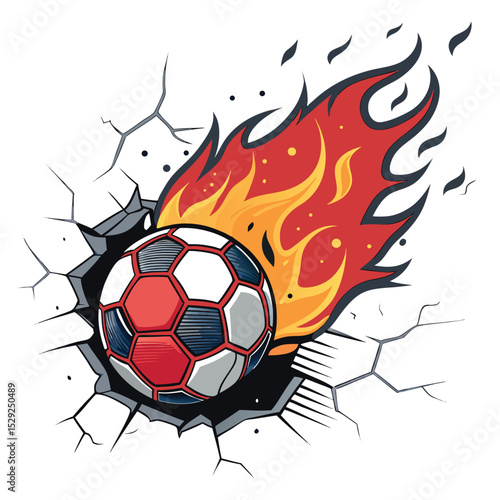 A fiery soccer ball explodes through a weathered wooden log wall, embers flying.  Intense action shot.