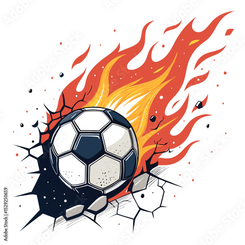A fiery soccer ball bursts through a rustic wooden wall log, sparks flying.  Intense action shot.