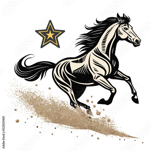 A majestic brown horse galloping at full speed, kicking up a swirling dust trail, proudly displaying a gleaming star-shaped badge on its flank.