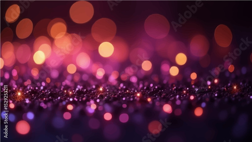 Abstract purple, gold and black glitter vintage lights background. defocused.