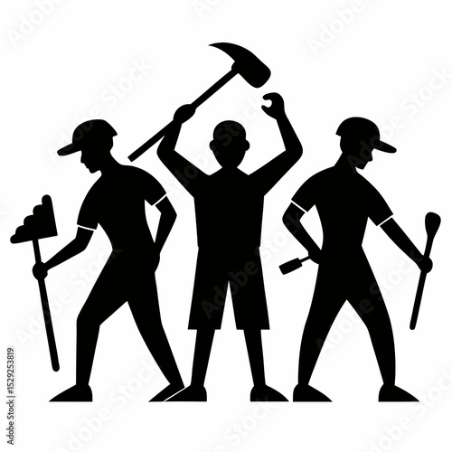Three silhouettes of workers with tools