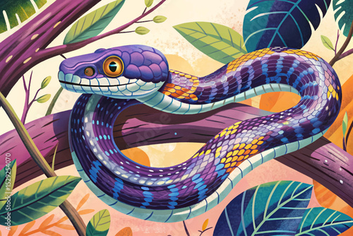 Vector illustration of a snake coiled around a jungle branch ideal for wildlife designs, tropical forest themes, and reptile-focused educational visuals