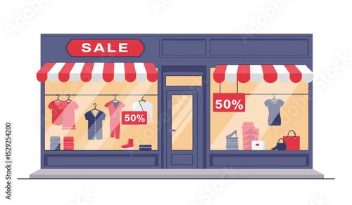 Offline shop building exterior, payment in store. Business commerce. Small shop in house. Vector flat illustration