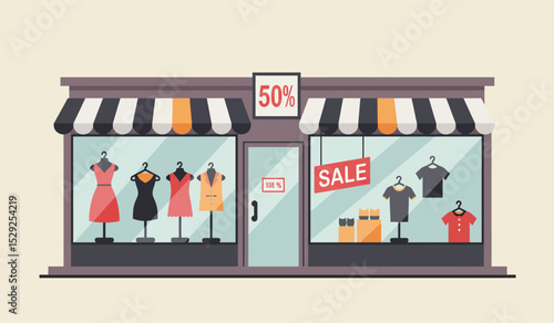 Offline shop building exterior, payment in store. Business commerce. Small shop in house. Vector flat illustration
