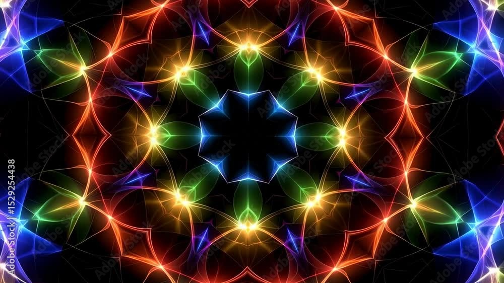 Colorful kaleidoscopic pattern with a central star and radiating light beams forming symmetrical floral shapes on a dark background. Colorful kaleidoscopic pattern with a central star and radiating light beams forming symmetrical floral shapes on a dark background.