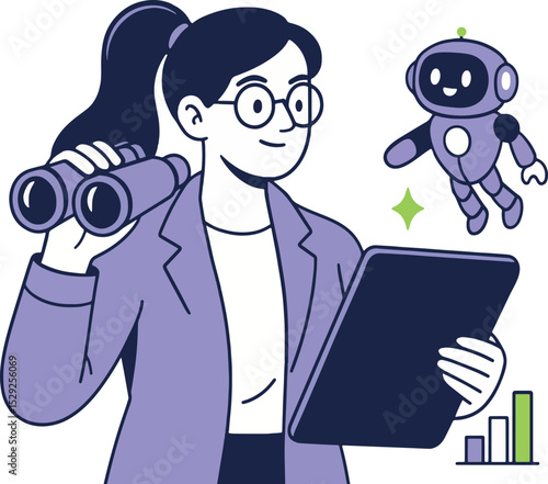 Businesswoman with Binoculars and Robot Vector Illustration.