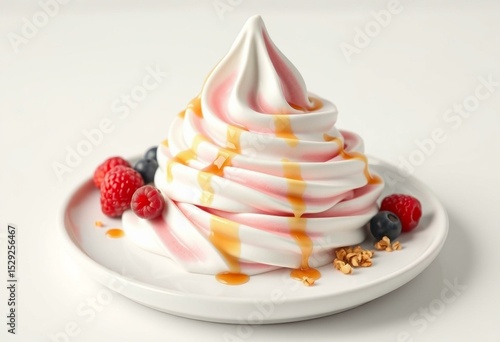A swirled frozen yogurt dessert on a plain plate with fresh berries and granola