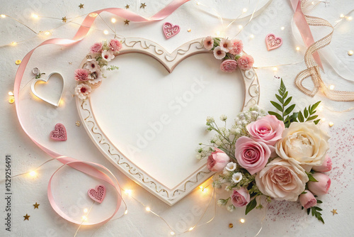 Romantic Heart-Shaped Frame with Delicate Pink Flowers and Lights