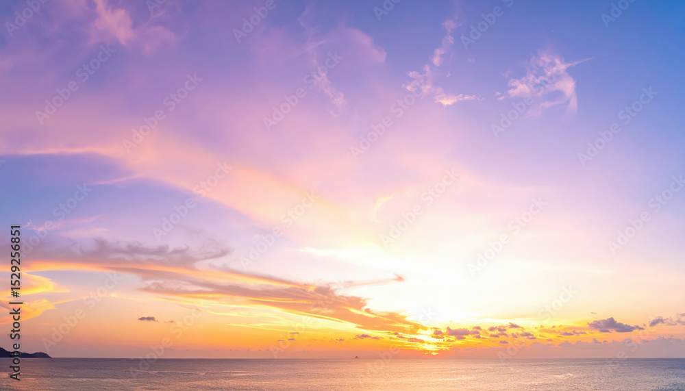 Fototapeta premium Panoramic photo, view of a pink and purple sky at sunset. Sky panorama background, header and web banner