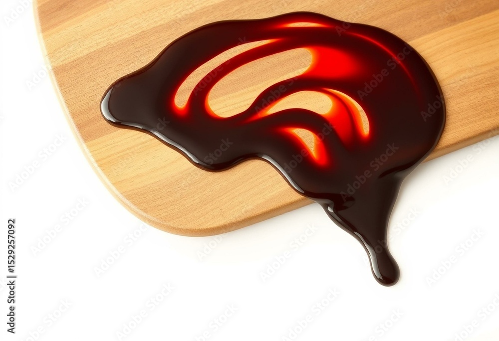 Obraz premium Rich, dark balsamic glaze swirls on rustic wooden cutting board
