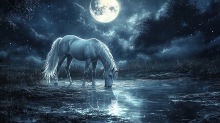 Sierkussen Eenhoorn magical scene of a unicorn drinking from a moonlit stream, Generative AI  © Arvind Shiv