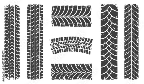 Tire tracks, a set of vectors of tread tracks. A frame made of tracks from a truck, a car with a grunge effect.