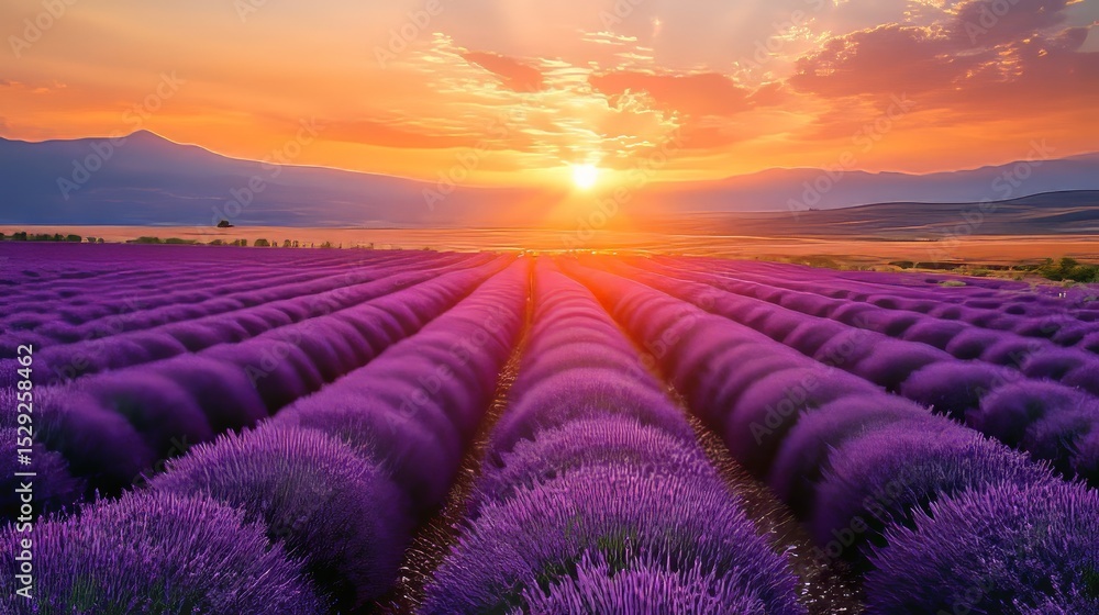 Fototapeta premium serene landscape of lavender fields under a golden sunset, Generative AI