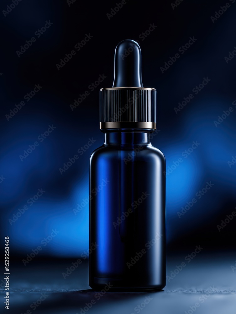A sleek blue glass dropper bottle against a softly blurred dark blue background, showcasing elegance A sleek blue glass dropper bottle against a softly blurred dark blue background, showcasing elegance