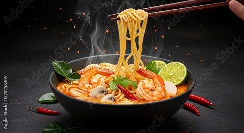 Delicious Spicy Tom Yum Soup with Shrimp Noodles and Lime