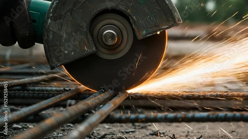Close-up shot of a worker cutting steel rebar with grinder creating vibrant sparks