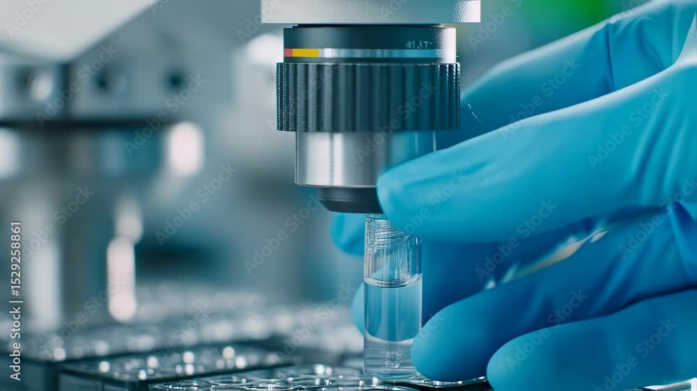 A scientist with blue glove conducting laboratory test with chemical sample and analysis using advanced digital technology footage. A scientist with blue glove conducting laboratory test with chemical sample and analysis using advanced digital technology footage.