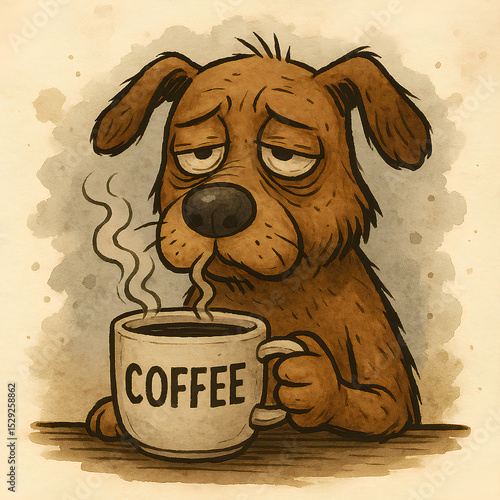 Tired dog drinking coffee