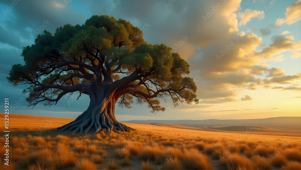 Fototapeta premium Centuries-Old Lone Tree in Open Field Beneath Dramatic Skies