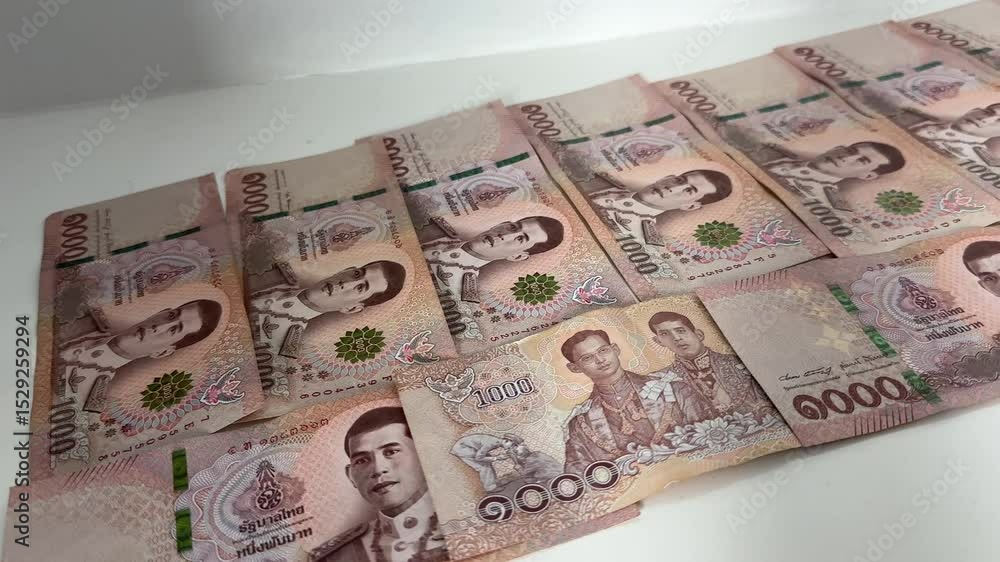 Close up shot of Thai baht Thailand cash currency THB bills and bank notes money economy