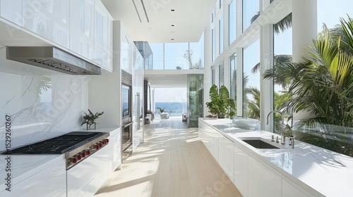 White kitchen with hanging cabinets, long countertops, and tall glass windows for natural light