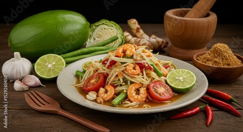 Delicious Thai Som Tum Papaya Salad with Shrimp Peanuts and Chili